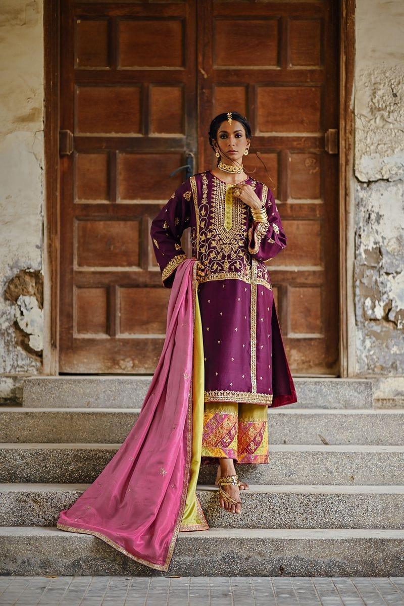 Sanam Chaudhri - Purple Raw Silk Kurta with Izaar and Dupatta