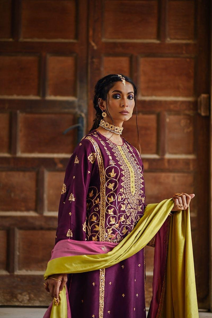 Sanam Chaudhri - Purple Raw Silk Kurta with Izaar and Dupatta