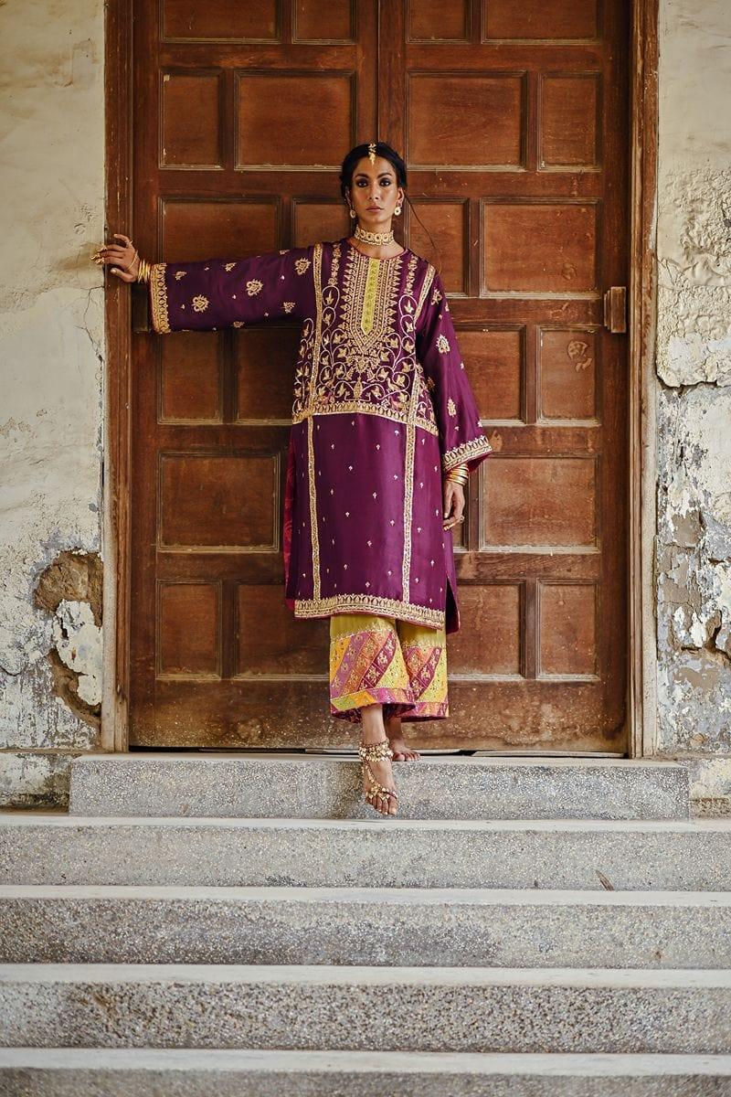 Sanam Chaudhri - Purple Raw Silk Kurta with Izaar and Dupatta