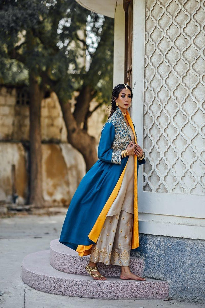 Sanam Chaudhri - Raw Silk Blue Coat with Inner Shirt and Izaar
