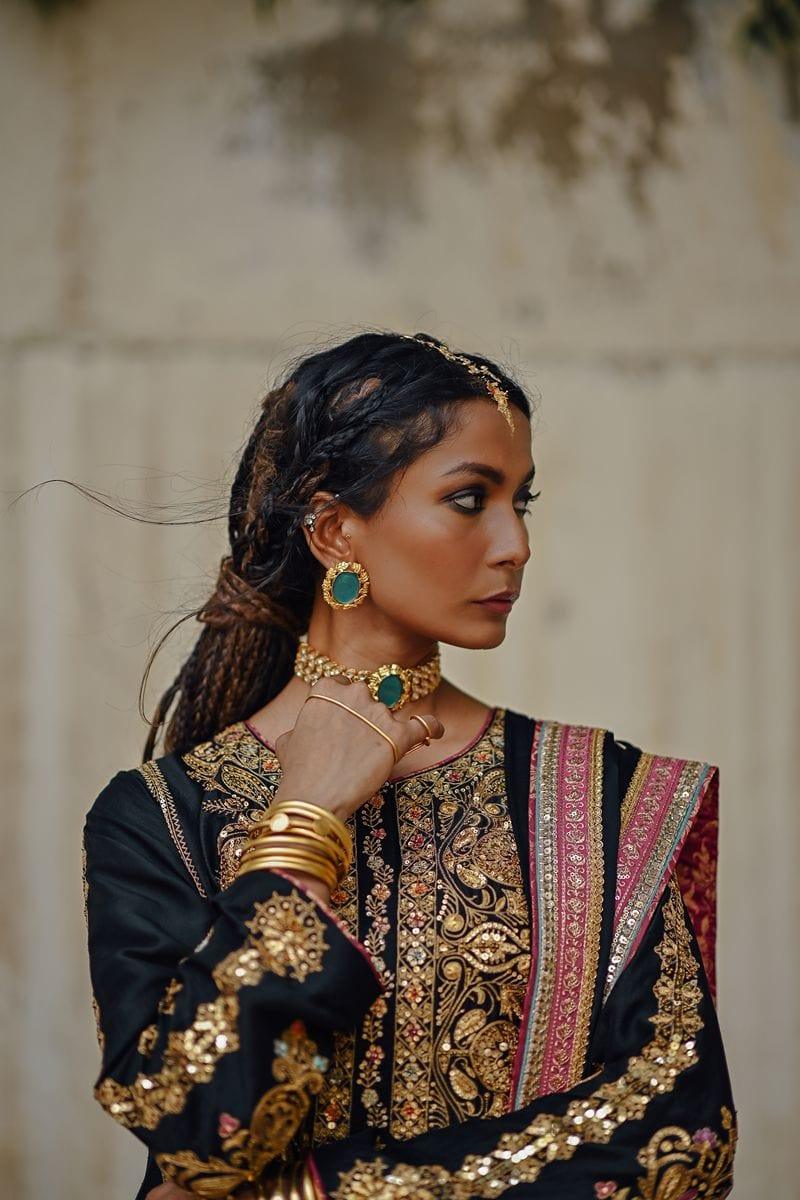 Sanam Chaudhri - Raw Silk Embroidered Shirt and Chatta Patti Gharara
