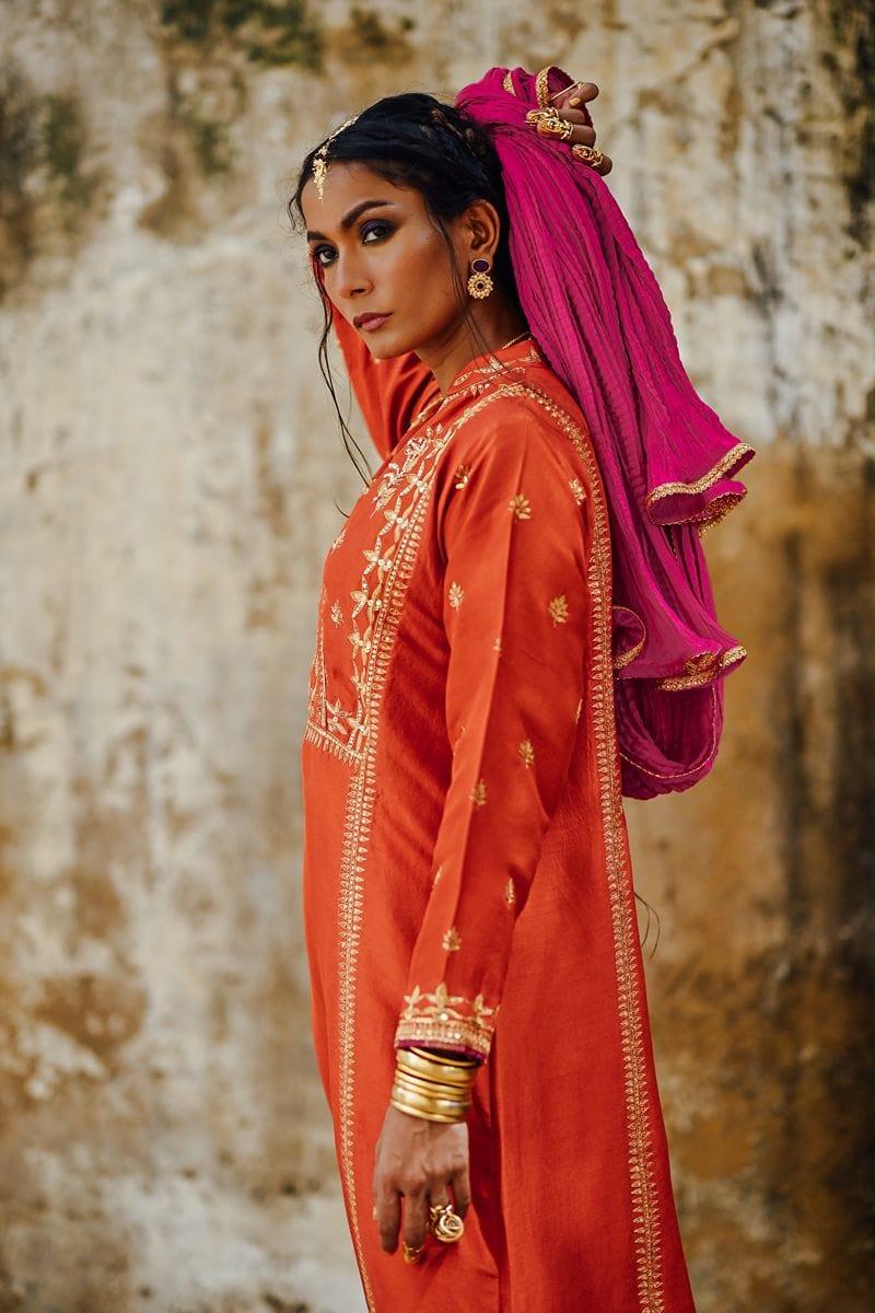 Sanam Chaudhri - Raw Silk Embroidered Shirt and Shalwar with Dupatta