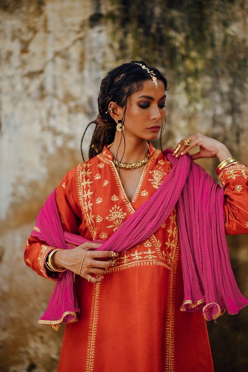 Sanam Chaudhri - Raw Silk Embroidered Shirt and Shalwar with Dupatta