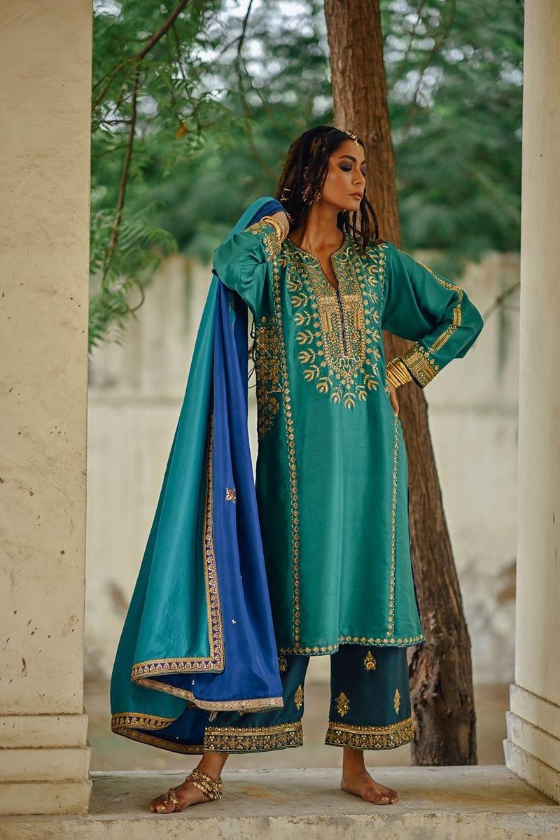 Sanam Chaudhri - Sea Green Raw Silk Shirt with Izaar and Dupatta