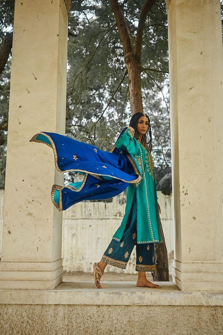 Sanam Chaudhri - Sea Green Raw Silk Shirt with Izaar and Dupatta