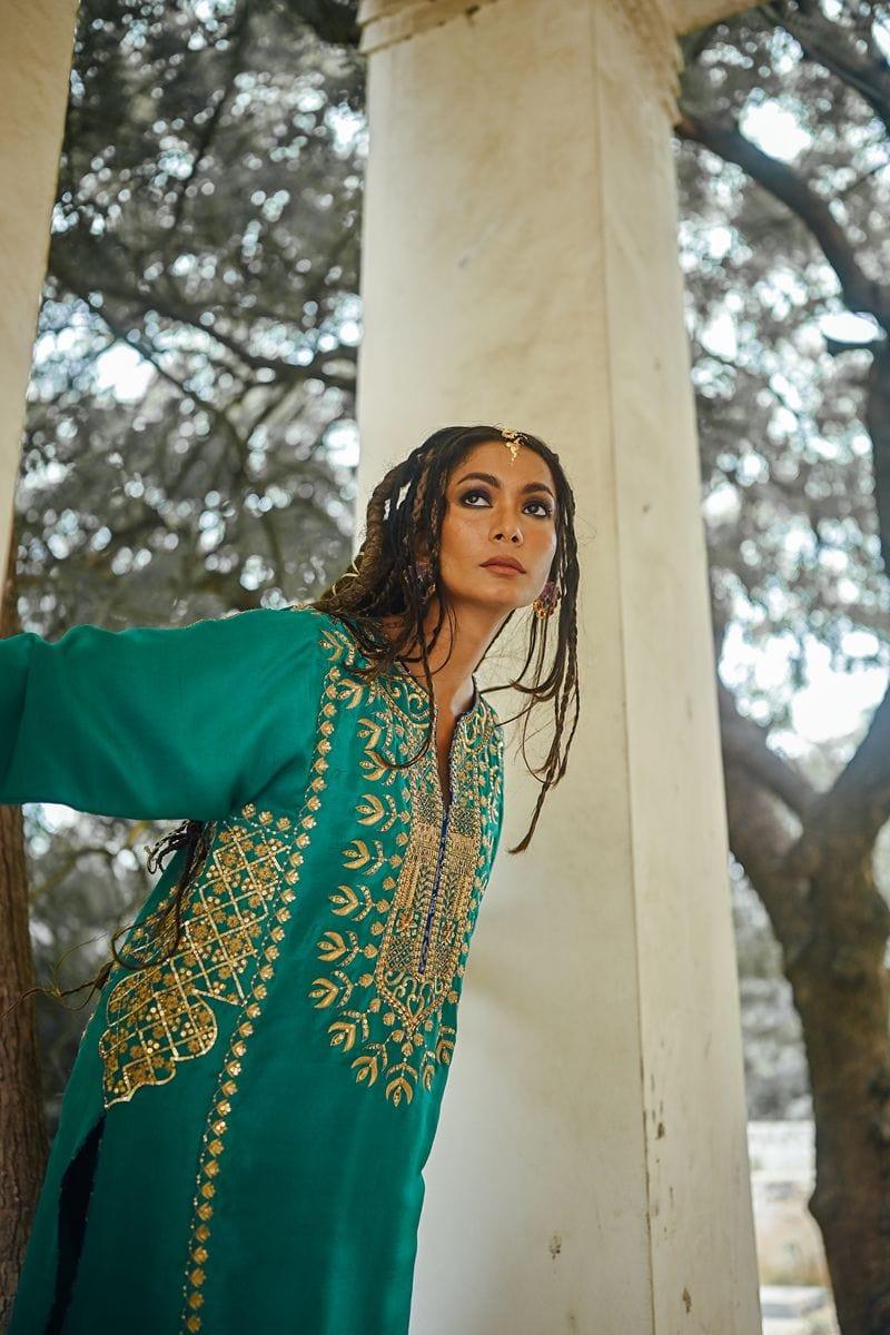 Sanam Chaudhri - Sea Green Raw Silk Shirt with Izaar and Dupatta