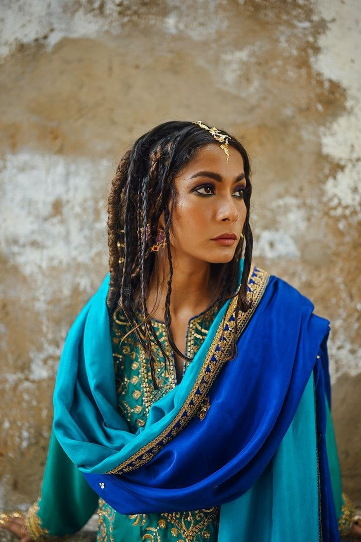 Sanam Chaudhri - Sea Green Raw Silk Shirt with Izaar and Dupatta