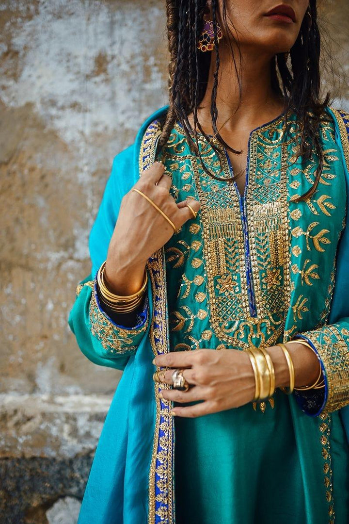 Sanam Chaudhri - Sea Green Raw Silk Shirt with Izaar and Dupatta