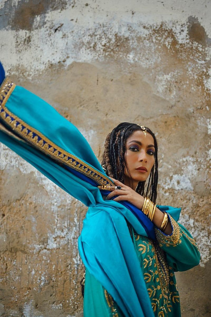 Sanam Chaudhri - Sea Green Raw Silk Shirt with Izaar and Dupatta