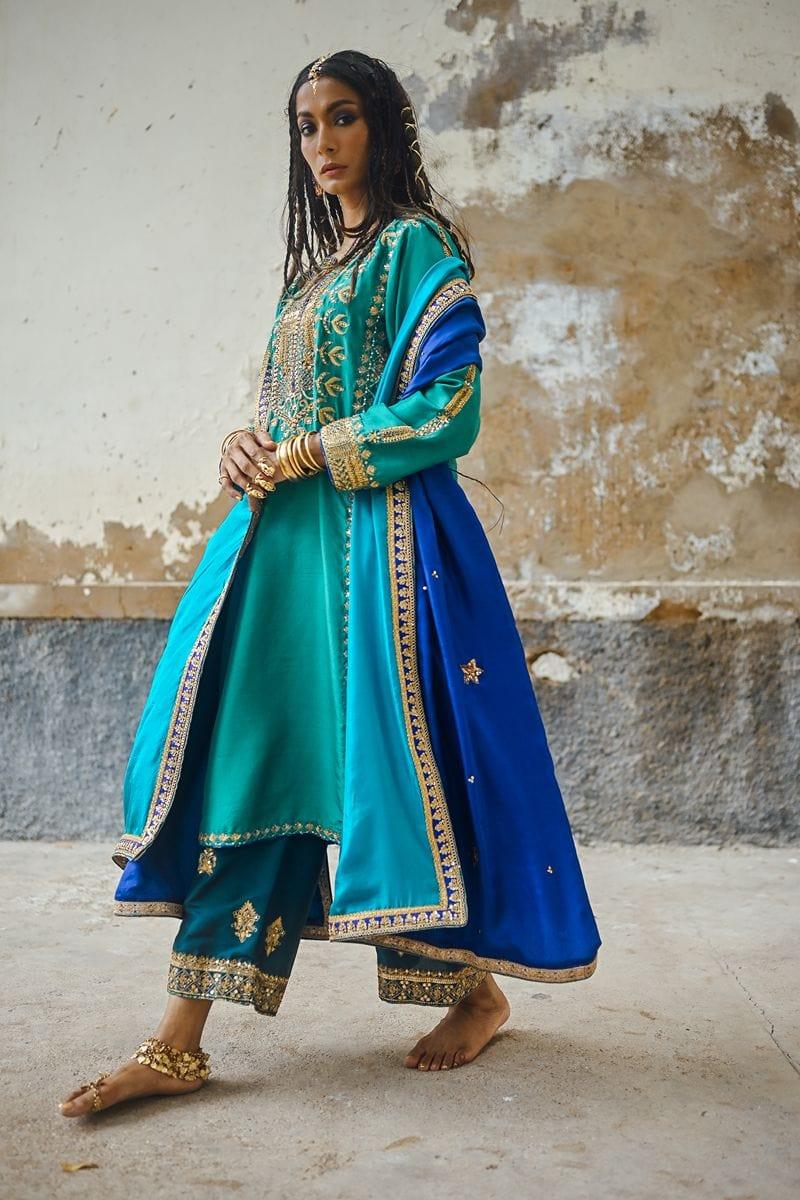 Sanam Chaudhri - Sea Green Raw Silk Shirt with Izaar and Dupatta
