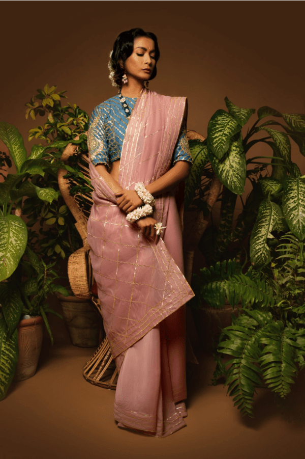Sanam Chaudhri - Tea Pink & Blue Kora Silk Saree