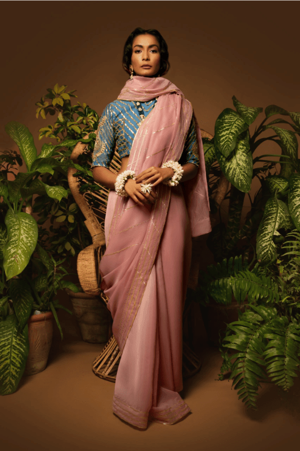 Sanam Chaudhri - Tea Pink & Blue Kora Silk Saree