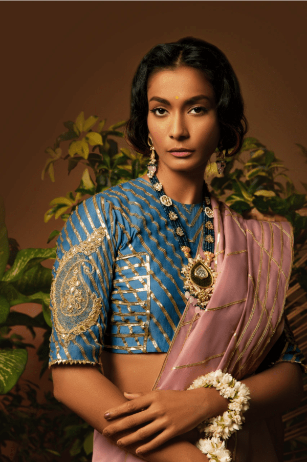 Sanam Chaudhri - Tea Pink & Blue Kora Silk Saree