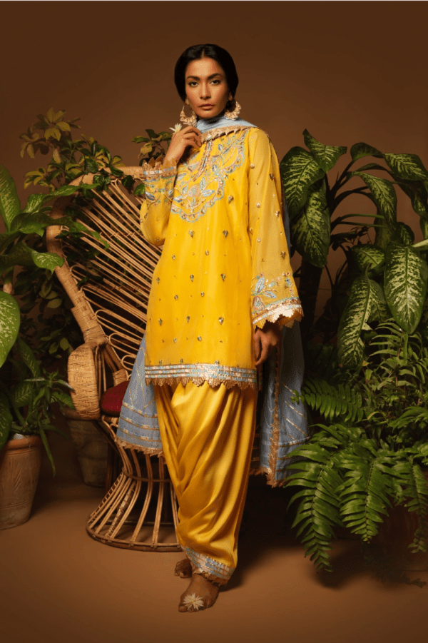Sanam Chaudhri - Yellow Kora Silk Embroidered 3 Piece