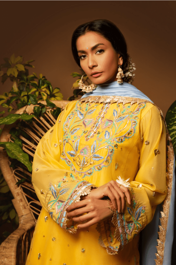 Sanam Chaudhri - Yellow Kora Silk Embroidered 3 Piece