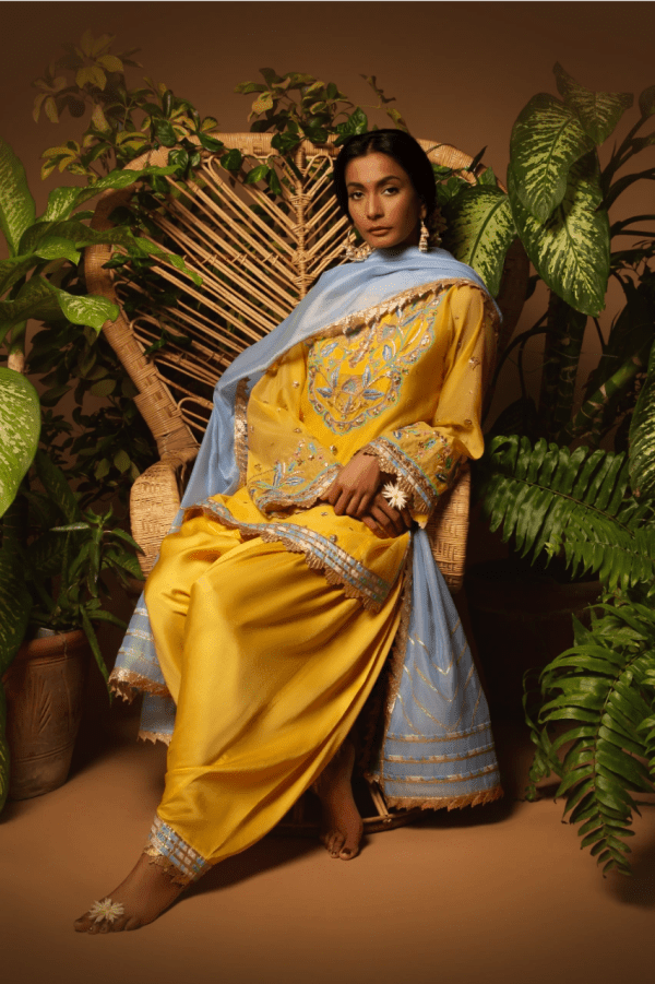 Sanam Chaudhri - Yellow Kora Silk Embroidered 3 Piece