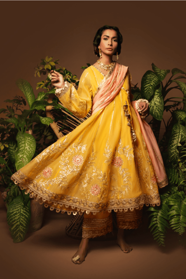 Sanam Chaudhri - Yellow & Peach Kora Silk Embroidered Pishwas 3 Piece