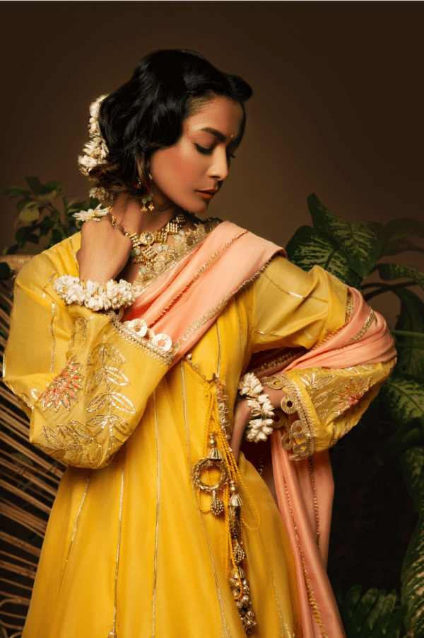 Sanam Chaudhri - Yellow & Peach Kora Silk Embroidered Pishwas 3 Piece