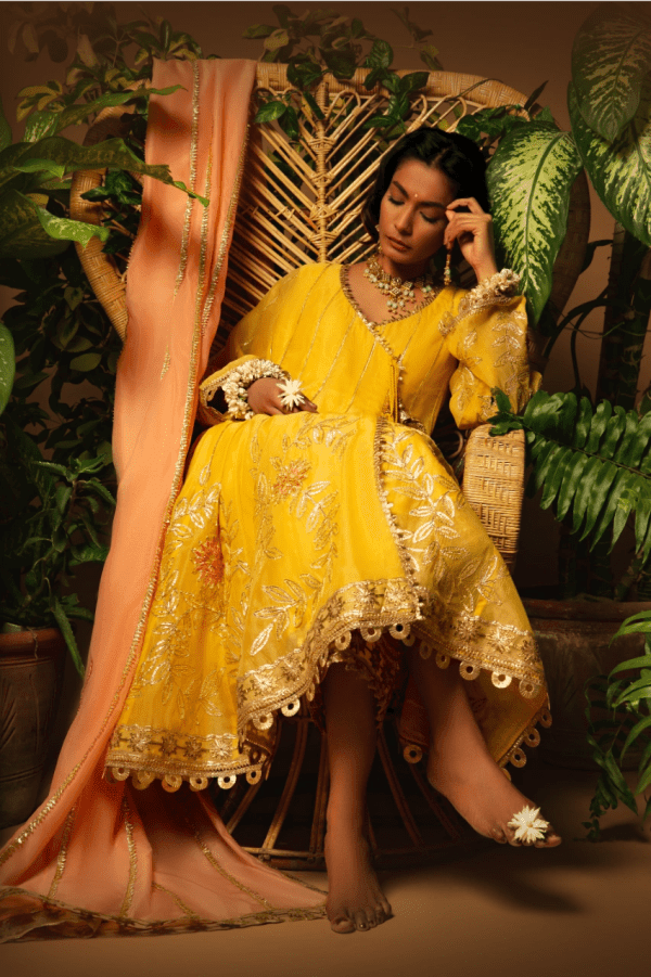 Sanam Chaudhri - Yellow & Peach Kora Silk Embroidered Pishwas 3 Piece