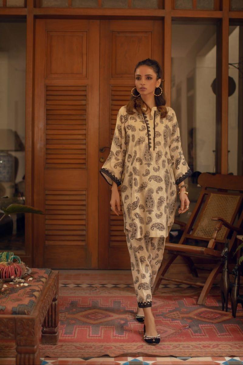 Shehrnaz - Beige Printed Silk Shirt - SHK-1086