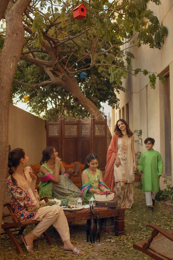 Shehrnaz - Dhaani Green Cotton Block Printed Shirt With White Shalwar – SHKK-1100