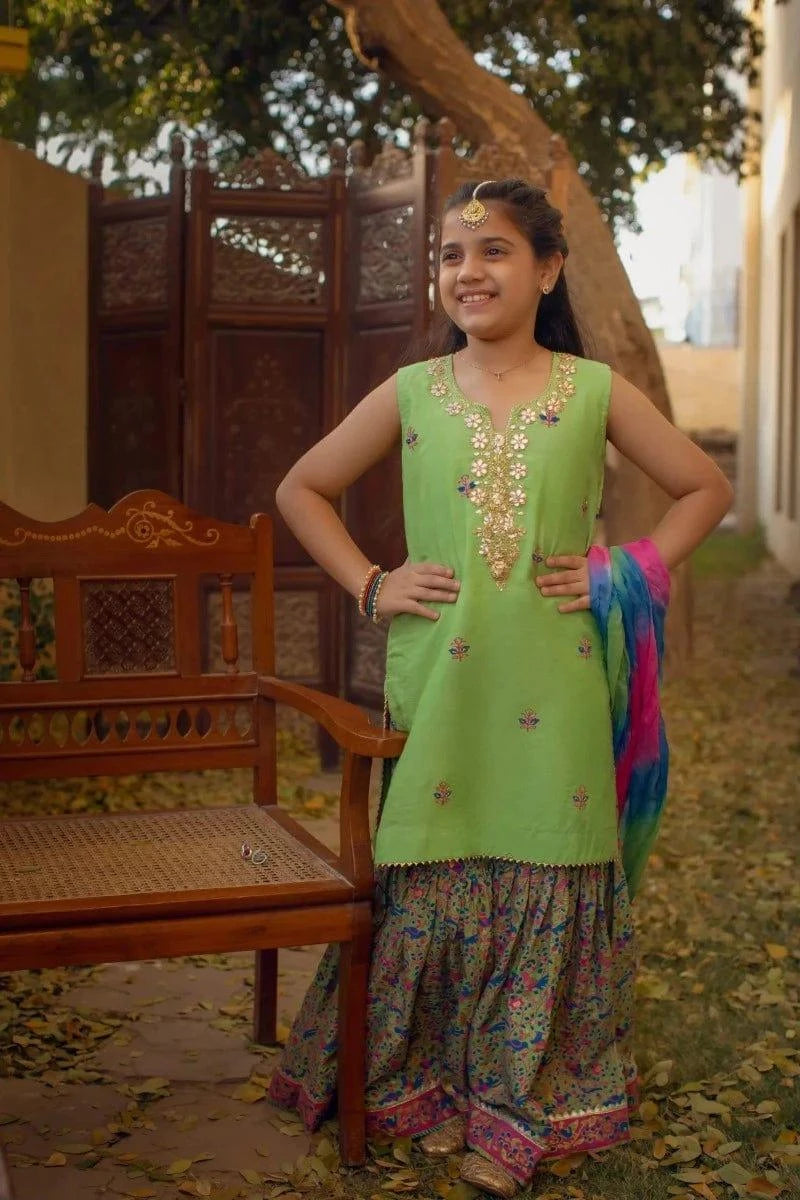 Shehrnaz - Dhaani Green Silk Shirt With Gotaa Work Paired With Block Printed Gharara & Shaded Dupatta – SHKK-1094 - 3 Piece