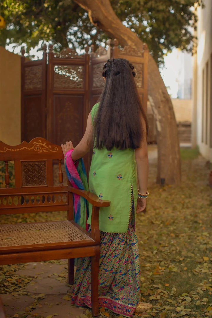 Shehrnaz - Dhaani Green Silk Shirt With Gotaa Work Paired With Block Printed Gharara & Shaded Dupatta – SHKK-1094 - 3 Piece