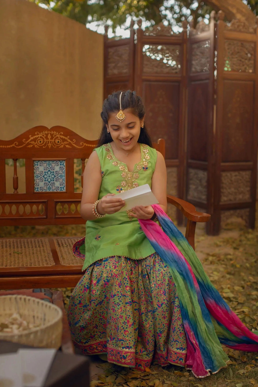 Shehrnaz - Dhaani Green Silk Shirt With Gotaa Work Paired With Block Printed Gharara & Shaded Dupatta – SHKK-1094 - 3 Piece