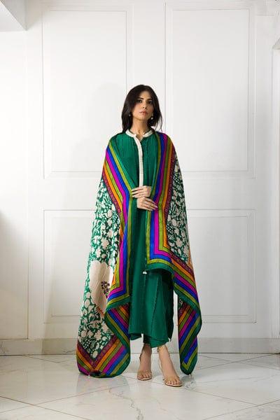 Shehrnaz - Emerald Green Pleated Long Shirt and Capri Pants with Block Printed Dupatta - SHK-1047