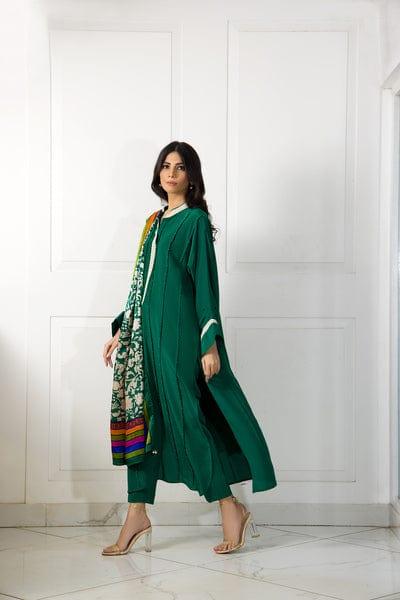 Shehrnaz - Emerald Green Pleated Long Shirt and Capri Pants with Block Printed Dupatta - SHK-1047