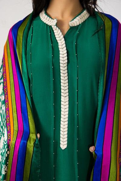 Shehrnaz - Emerald Green Pleated Long Shirt and Capri Pants with Block Printed Dupatta - SHK-1047