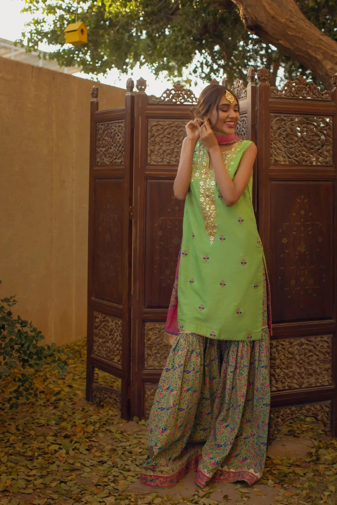 Shehrnaz - Green Gotaa Shirt With Block Printed Gharara And Dupatta – SHK-1084 - 3 Piece