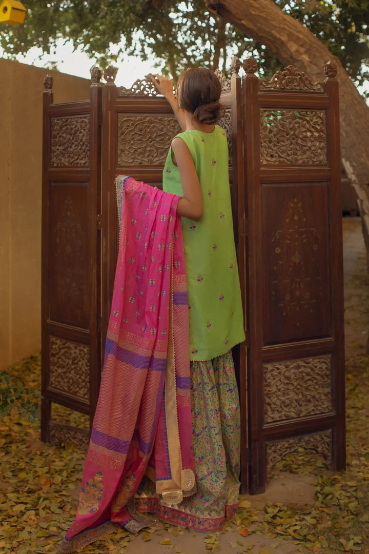 Shehrnaz - Green Gotaa Shirt With Block Printed Gharara And Dupatta – SHK-1084 - 3 Piece