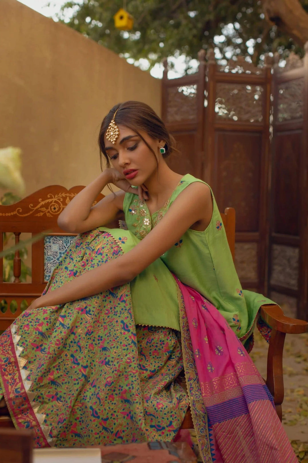 Shehrnaz - Green Gotaa Shirt With Block Printed Gharara And Dupatta – SHK-1084 - 3 Piece