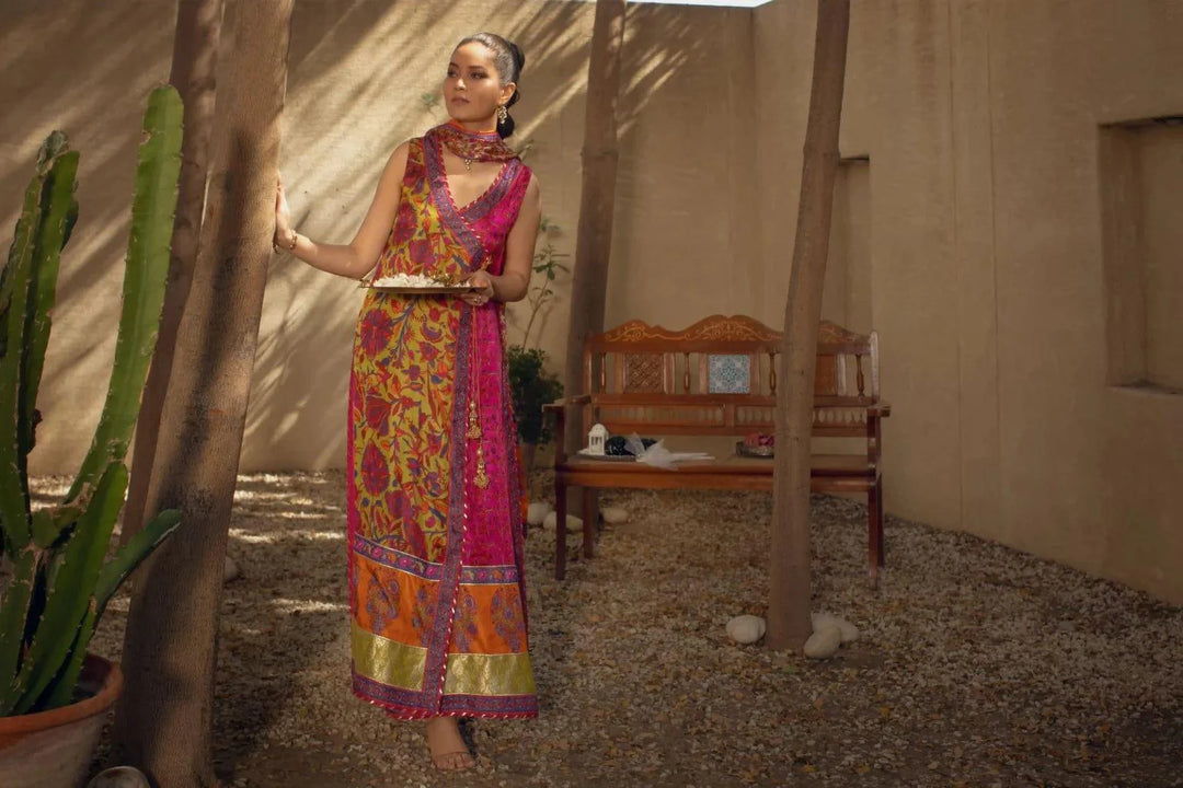 Shehrnaz - Hot Pink And Green Block Printed Angrakha With Matching Capri And Dupatta – SHK-1075