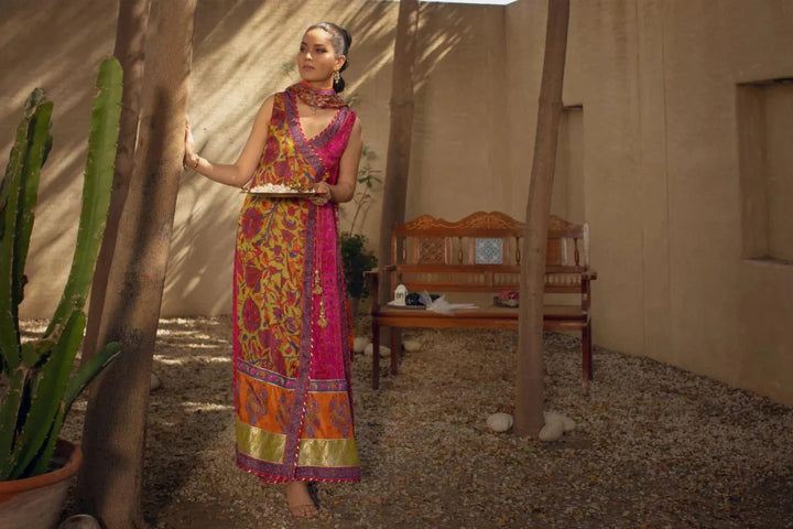Shehrnaz - Hot Pink And Green Block Printed Angrakha With Matching Capri And Dupatta – SHK-1075