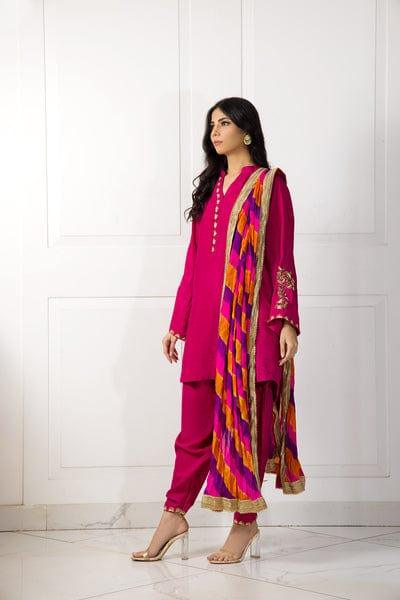 Shehrnaz - Hot Pink Silk Shirt and Shalwar with Shaded Dupatta - SHK-1046