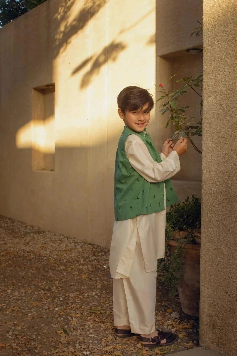 Shehrnaz - Khaadi Silk Kurta And Pyjama With Green Waist Coat – SHKK-1098