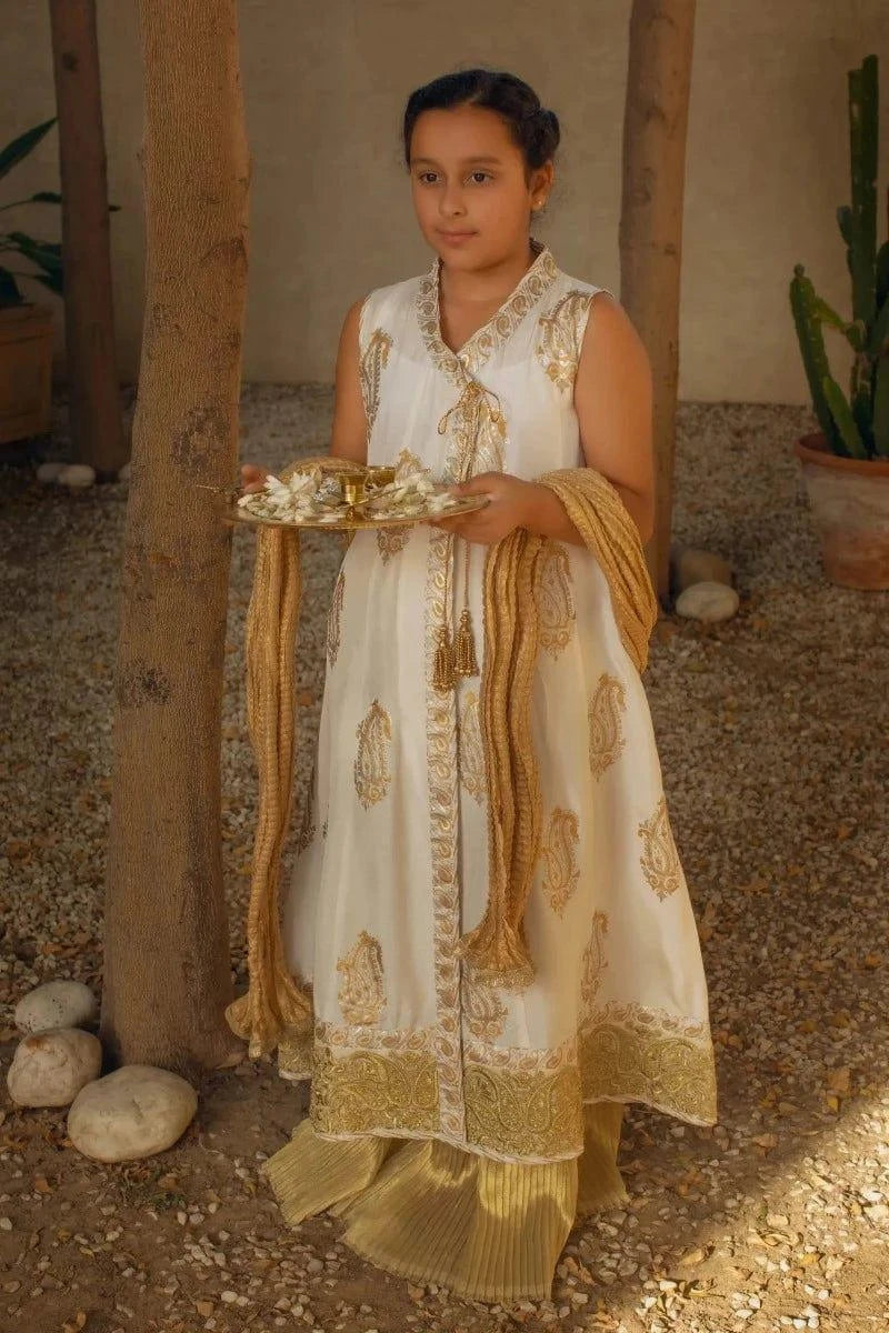 Shehrnaz - Off White Anarkali With Silver & Gold Block Print Paired With Crushed Gold Azaar & Dupatta – SHKK-1091