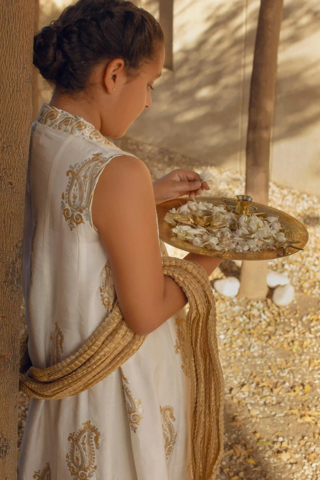 Shehrnaz - Off White Anarkali With Silver & Gold Block Print Paired With Crushed Gold Azaar & Dupatta – SHKK-1091