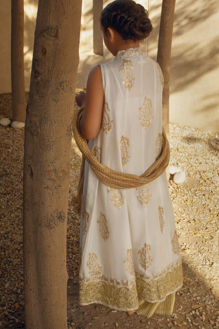 Shehrnaz - Off White Anarkali With Silver & Gold Block Print Paired With Crushed Gold Azaar & Dupatta – SHKK-1091
