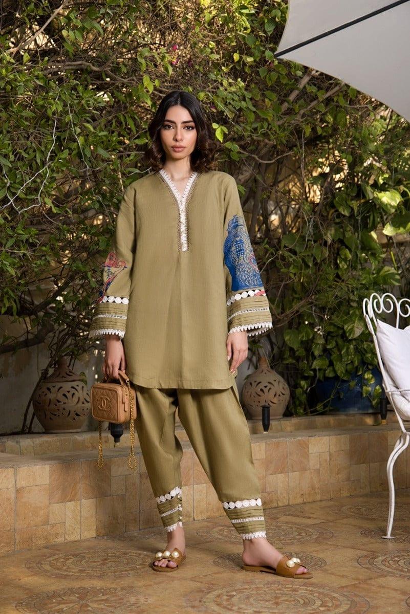 Shehrnaz - Olive Green Screen Printed Shirt - SHK-1061