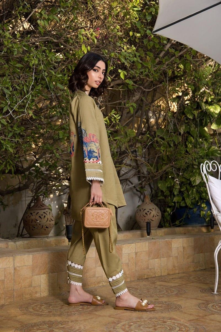 Shehrnaz - Olive Green Screen Printed Shirt - SHK-1061