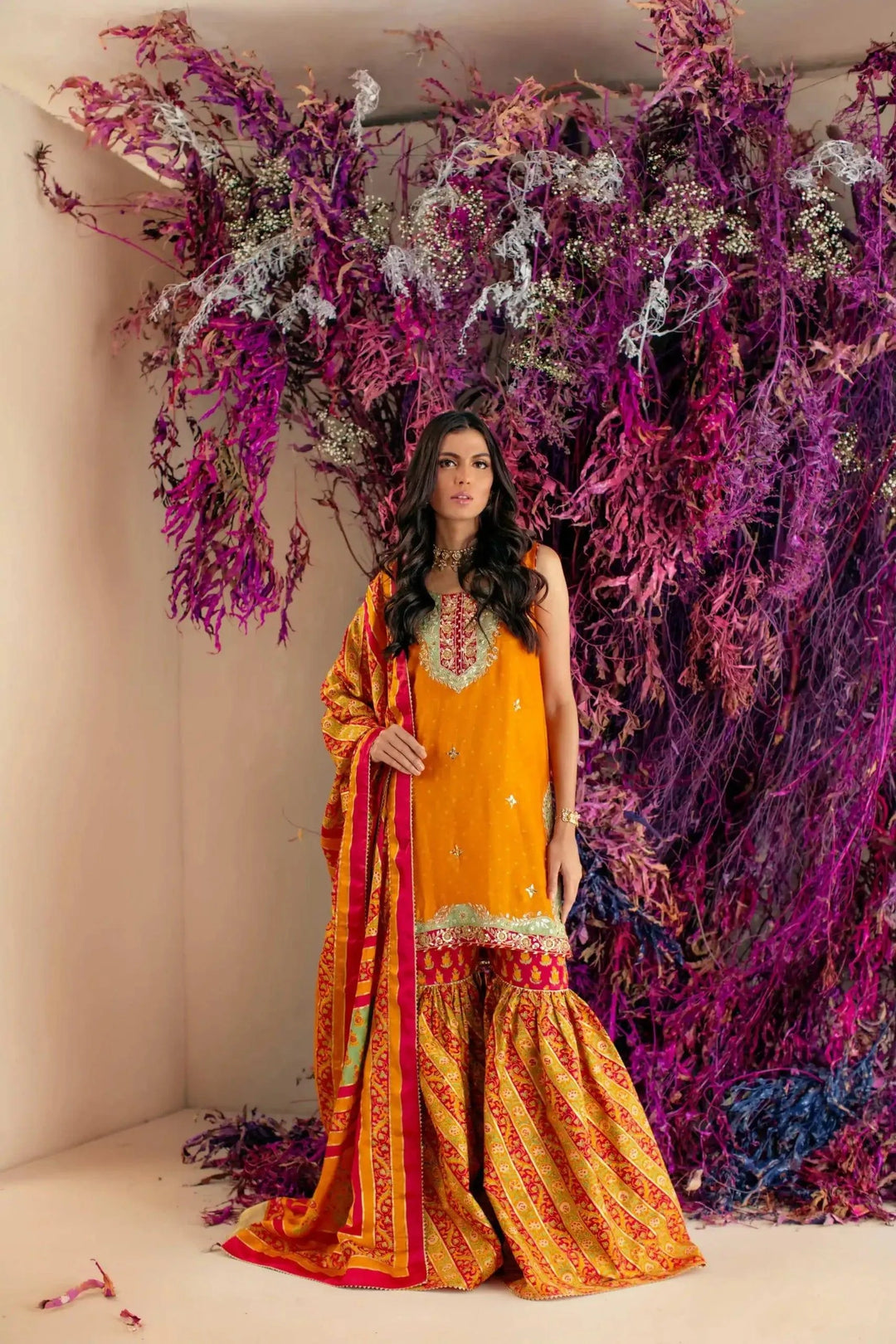 Shehrnaz - SHK-1024 - Orange - Net Shirt - Block Print - 3 Piece