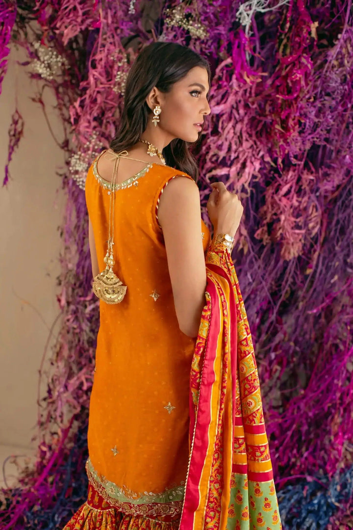 Shehrnaz - SHK-1024 - Orange - Net Shirt - Block Print - 3 Piece
