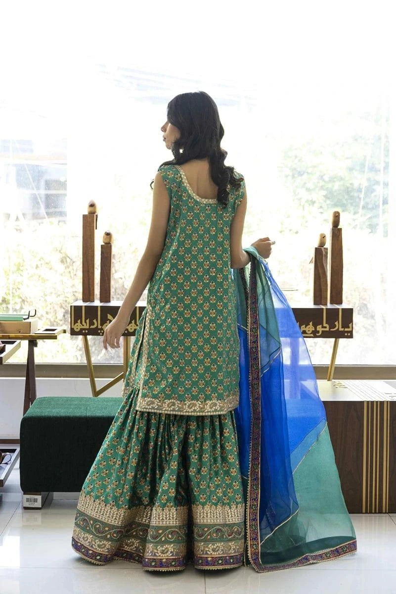 Shehrnaz - SHK-1030 - Off White - Block Print - Gharara - 2 Piece