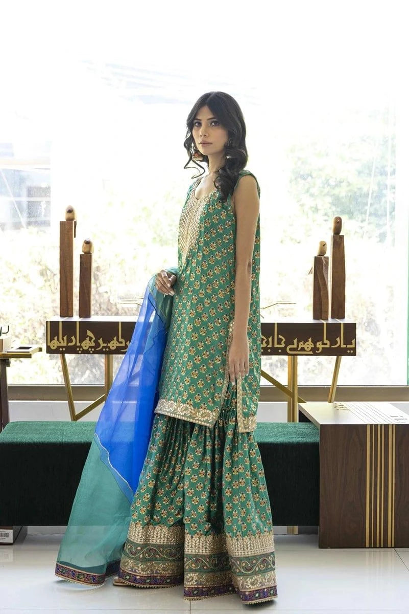 Shehrnaz - SHK-1030 - Off White - Block Print - Gharara - 2 Piece
