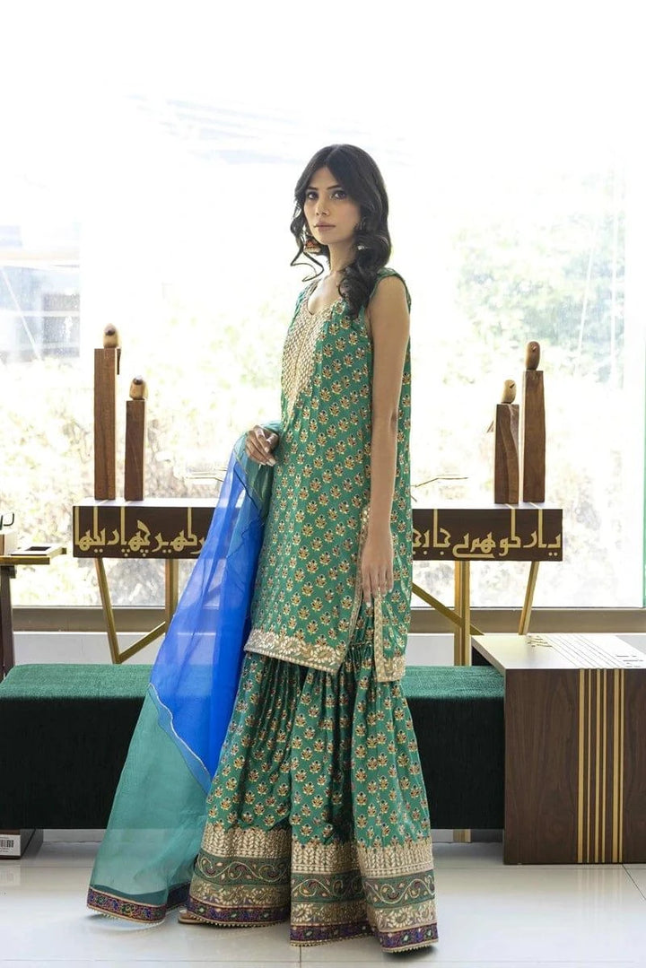 Shehrnaz - SHK-1030 - Off White - Block Print - Gharara - 2 Piece