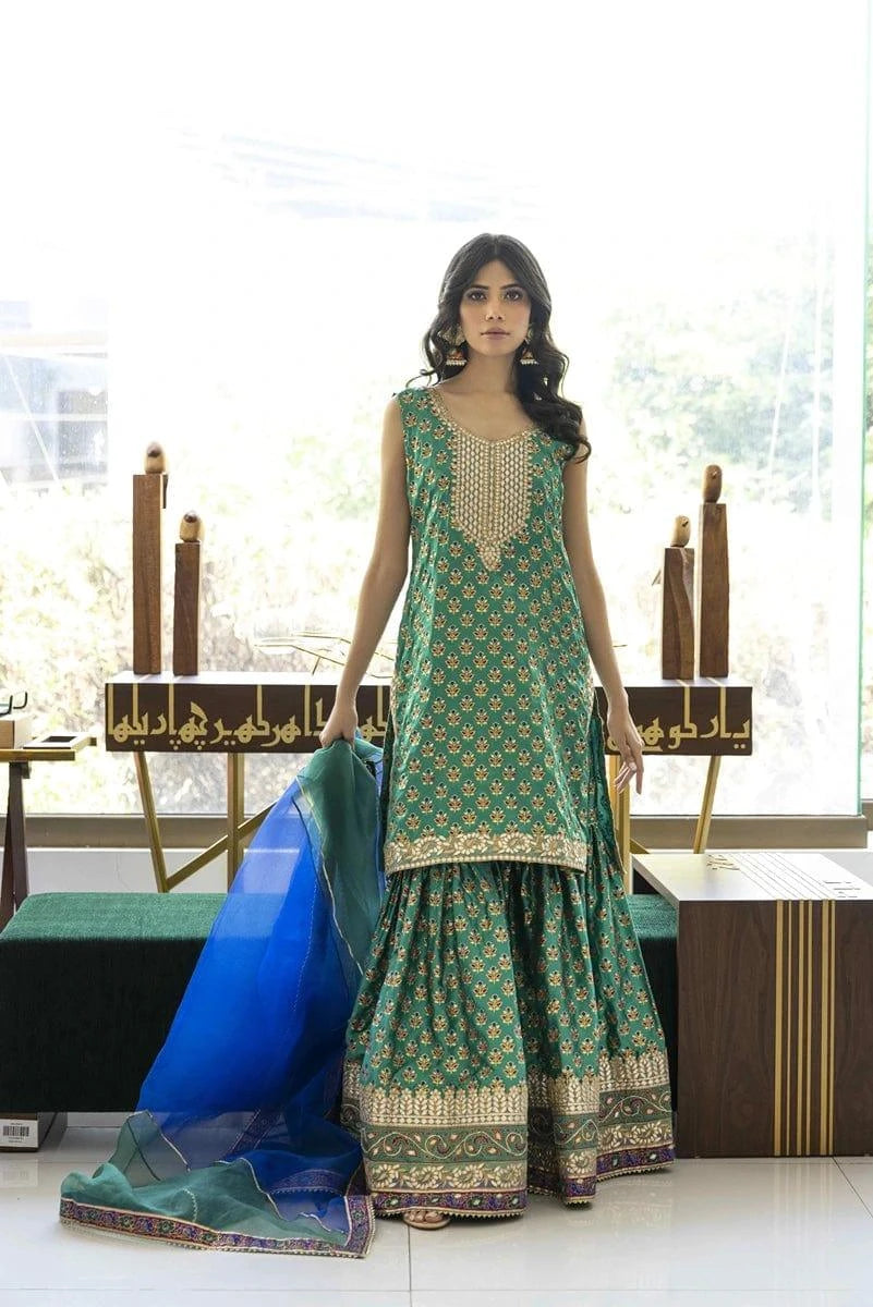 Shehrnaz - SHK-1030 - Off White - Block Print - Gharara - 2 Piece