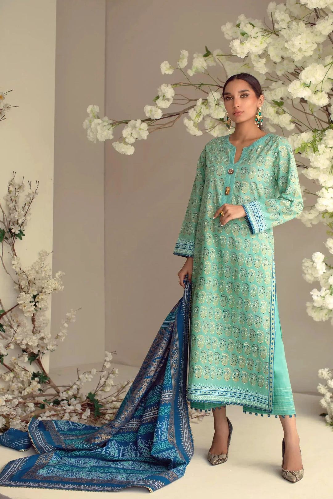 Shehrnaz - SHK-977 - Olive Green - Block Print - 2 Piece